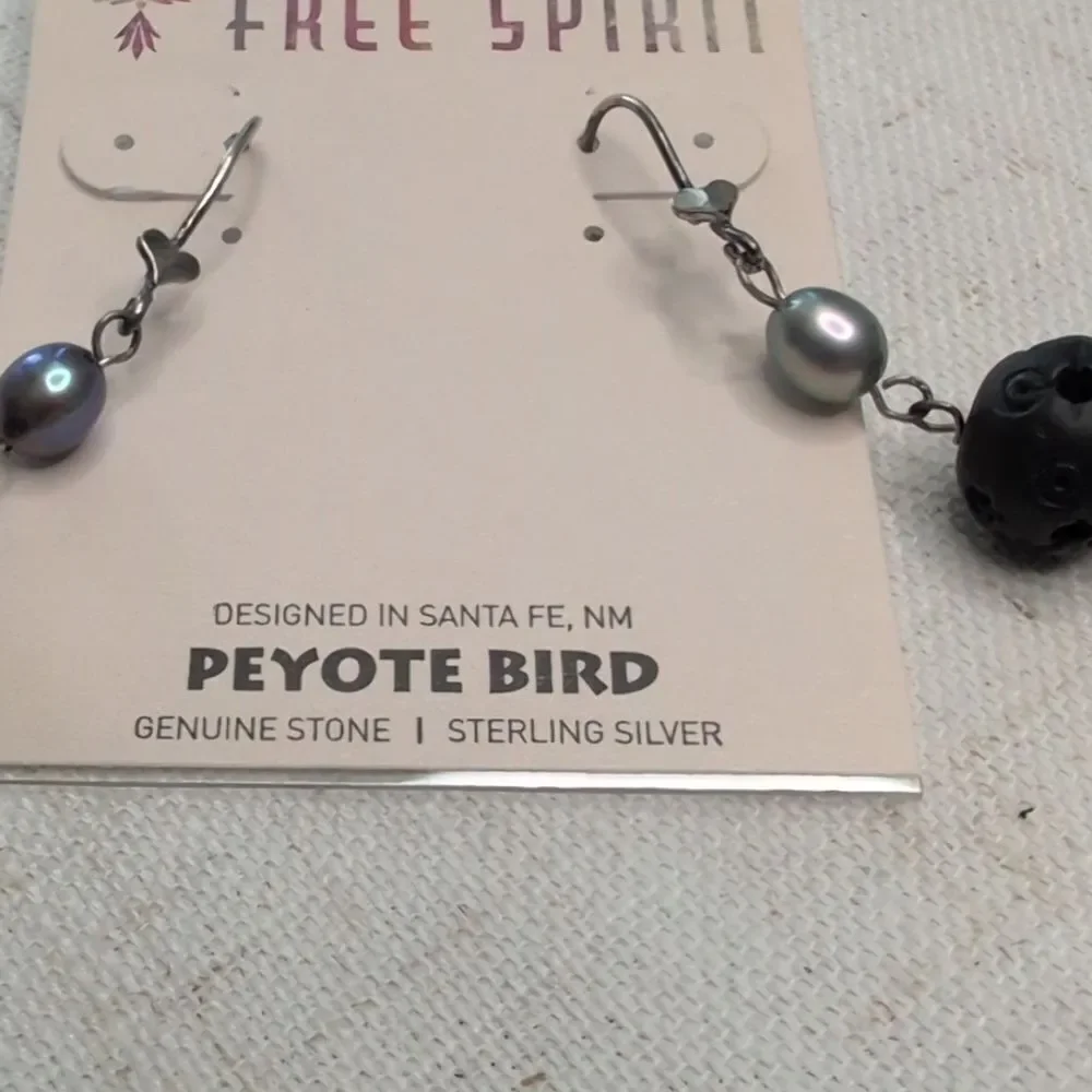 NWT Peyote Bird Freshwater Pearl Carved Wood Sterling Silver Dangle Earrings